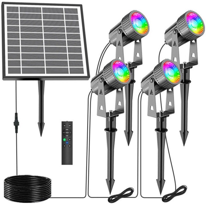 Set 4 spoturi LED solare gradina RGB 3W 1440lm IP65 cu telecomanda