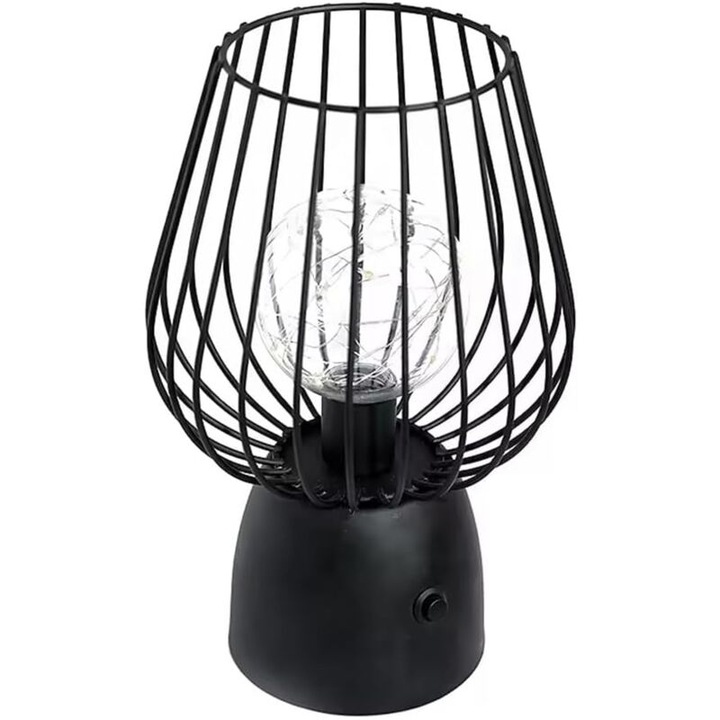 Lampa de masa industriala retro, metal negru, cu lumina alba calda, 20x35cm