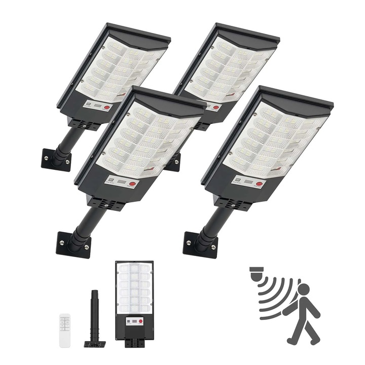 Set 4 Lampi Solare Stradale 500W, 50000LM, Senzor Miscare, Telecomanda RF, IP65, Iluminare Automata Dusk to Dawn, Pentru Curte, Parcare, Alee, Gradina, Exterior