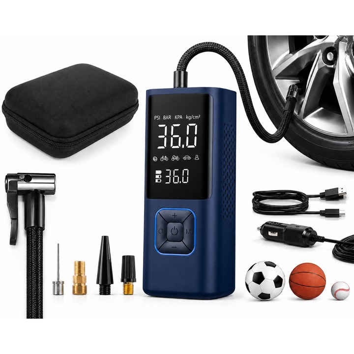 VALORIA 3 az 1-ben Hordozható Autó Kompresszor, 150PSI Autó Légpumpa, 6000mAh Power Bank Akkumulátor, Digitális Kijelző, Automatikus Kikapcsolás, 20L/perc Áramlási Sebesség, LED Zseblámpa, USB Töltés, 4 Tartozék Kerekekhez, Kerékpárhoz, Labdához, KÉK