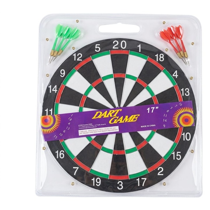 Klasszikus kétoldalas darts szett, 17 hüvelyk (43 cm) átmérőjű, 6 nyíllal és használati útmutatóval