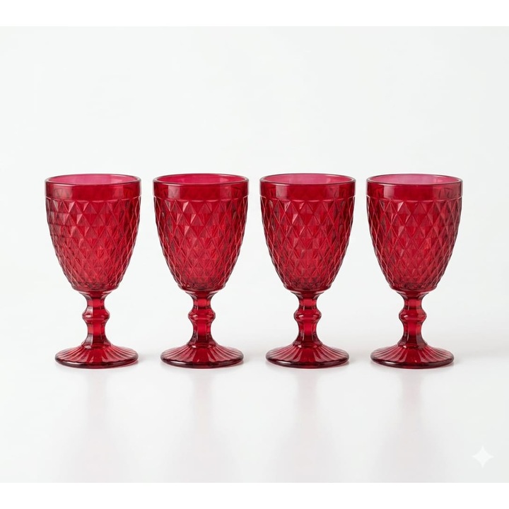 Set 4 pahare din sticla Rosu inchis pentru apa sau vin, model texturat cu picior, 250 ml