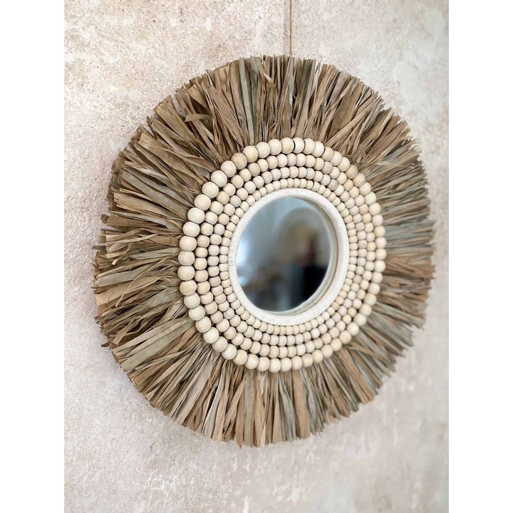 Boho tükör, raffia és egzotikus fa, 56x56cm, barna