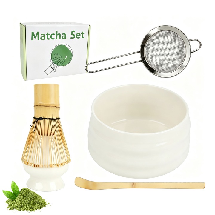 Set 5 Piese de ceai Matcha - Bat Bambus pentru Mixat, Bol Ceramic, Suport Ceramic, Lingurita, Sita Inox - Kit Complet pentru Ceai Matcha. Natural, DIY, pentru a face matcha. Un cadou perfect pentru iubitorii de ceai