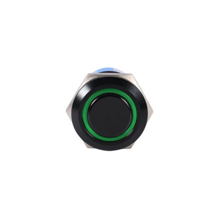 LED nyomógombos kapcsoló, 19mm, önzáró, fekete, 12-24V, többszínű