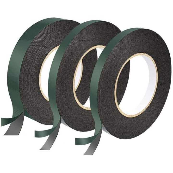 Kétoldalas ragasztószalag habszivacs, 12mm és 25mm, fekete, 10m, 3 tekercses szett