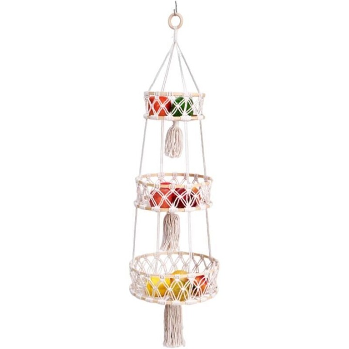 Cos de perete fructe 3 niveluri design boem decor bumbac natural