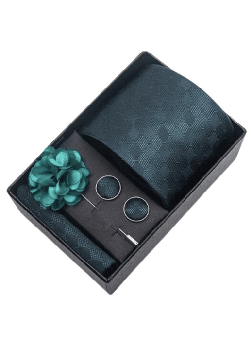 Set Cravata/Batista/Butoni/Element decorativ, Verde Inchis, Model Geometric, 148 x 8 cm, Cutie