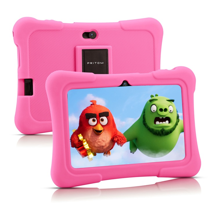 Tableta educationala pentru copii ZYTEQ®, 7 inch, Android, 3-12 ani, aplicatii Play Store, carcasa rezistenta cu husa, jocuri distractive, ecran tactil HD, camera foto duala, senzor de gravitatie, suport card de memorie, Bluetooth, WiFi, roz
