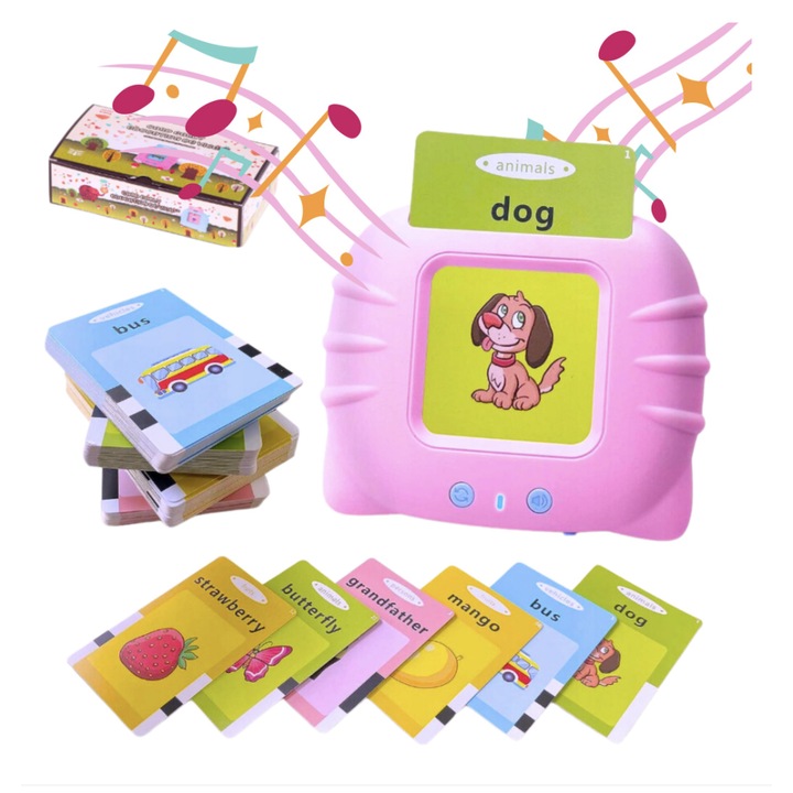 Jucarie Montessori Bilingva Romana si Engleza pentru Copii, 112 Carduri si 224 Cuvinte, Cititor Audio Interactiv, Pronuntie Nativa, Sunete Reale, Dezvoltare Limbaj, Memorie si Concentrare, Roz