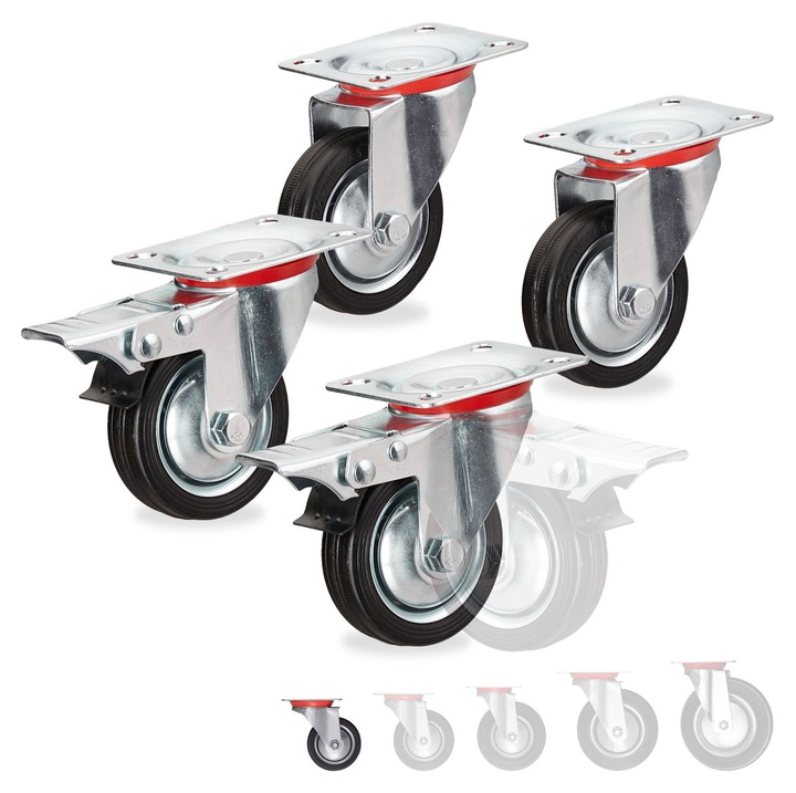 Set 4 roti transport, Relaxdays, rezistente, frana, rosu-negru-argintiu, 360°