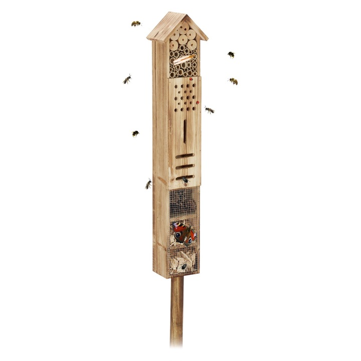 Cuib pentru insecte Relaxdays, lemn, fluture, maro deschis, mare, cu suport
