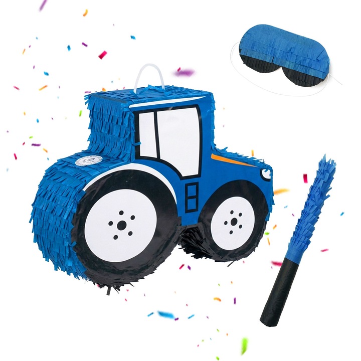Relaxdays traktor pinata szett maszkkal és ütővel, fehér-kék-fekete