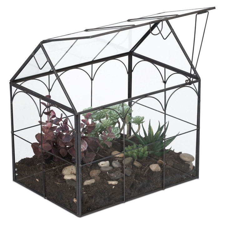 Terrariu sticla Relaxdays casa negru transparent compact