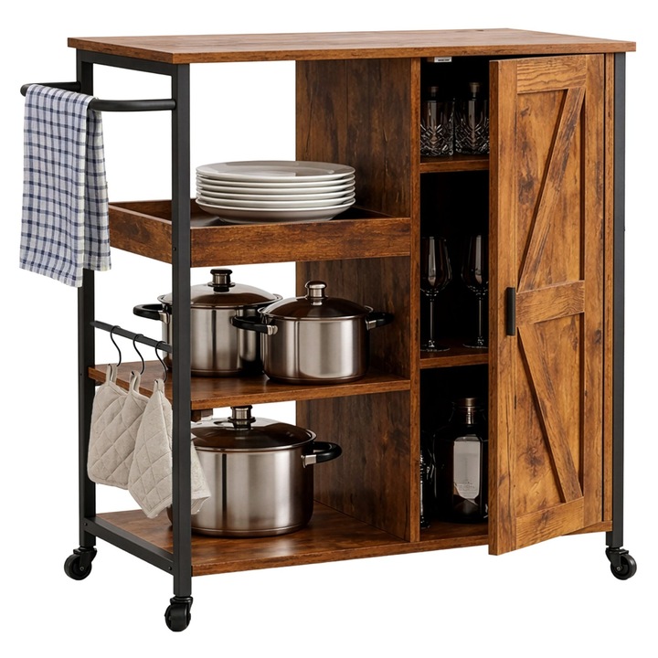 Carucior servire Relaxdays industrial maro negru cu rafturi si dulap 360A 90x40x85cm