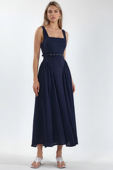 Rochie Midi Busem, Albastru Marin, Poliester, Fara Maneci, Decolteu Patrat