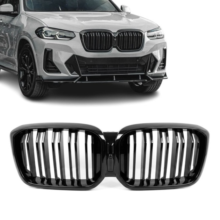 Grile Duble Bara Fata Nari M Style pentru BMW X3 X4 G01 G02 LCI Facelift, Negru Lucios, (21-24)
