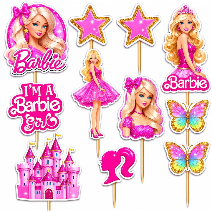 Set toppere tort BARBIE, DecoParty, 11 figurine, carton, suporti din lemn inclusi