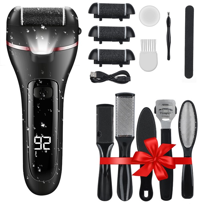 Pila electrica pentru picioare, 3 role, 2 viteze, cu indepartare eficienta a calusurilor,1200mAh, rezistenta la apa, ecran LCD, Set cu accesorii incluse, Negru