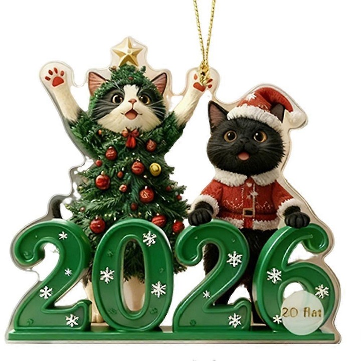 Ornament acrilic 2026 pisica, decor festiv, 10x8cm