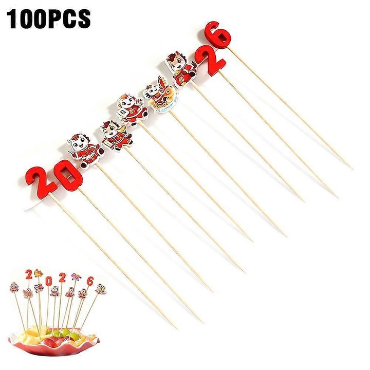 Betisoare pentru fructe, Anul Calului, scobitori decorative din bambus cu toppere tematice din hartie, 12 cm, rosu/auriu, 100 bucati