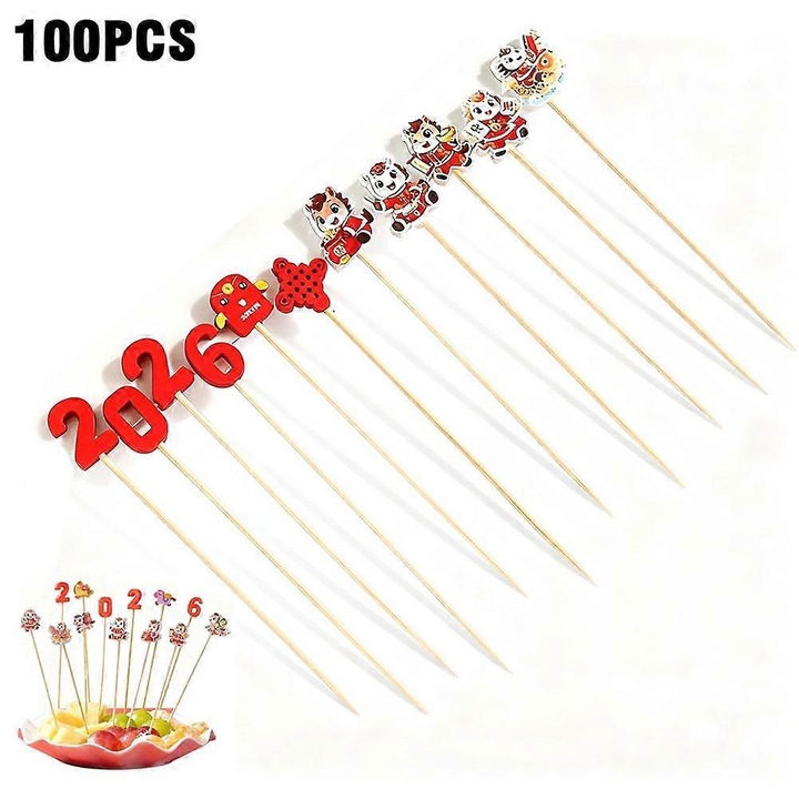 Bambusz pálcikák gyümölcshöz, Ló éve, 12cm, aranyvörös, 100 darabos szett