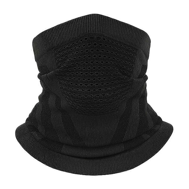 Guler tubular/cagula din poliester, ingrosat si rezistent la vant, elastic si respirabil, cu masca si protectie urechi integrate, pentru schi, negru, 24x42 cm