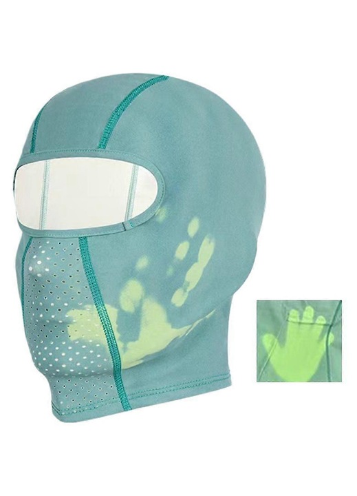 Termoreaktív poliészter balaclava, amely hőmérsékletre és légzésre színváltoztat, plüss bélés, perforált a légzéshez, gradiens minta, sötétzöld/világoszöld, univerzális