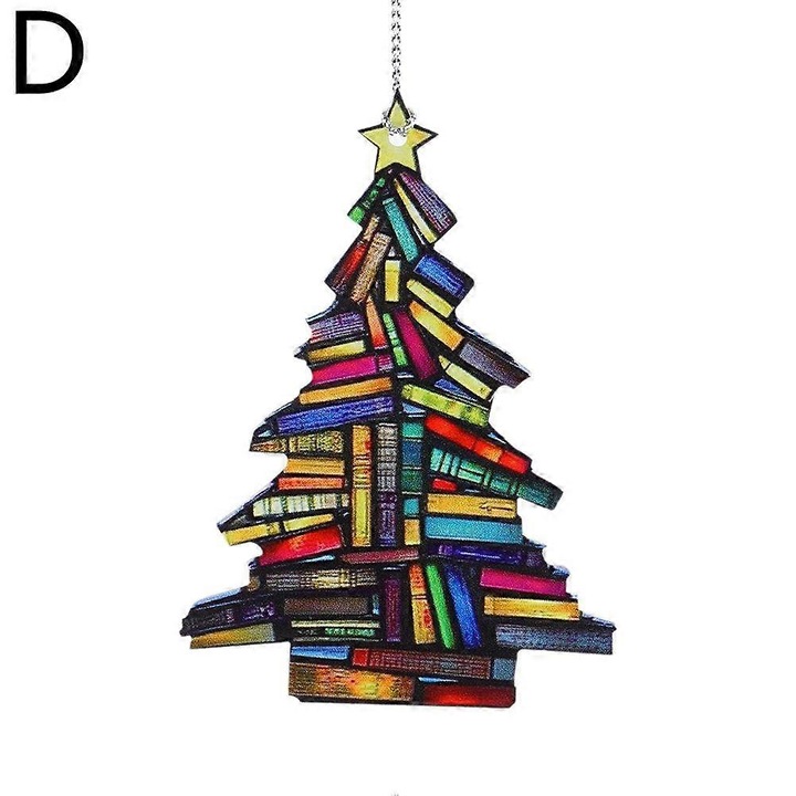 Коледна украса, висулка, Book Tree, ръчно изработена от дърво и акрил, водоустойчива, Многоцветна, 1 бр.