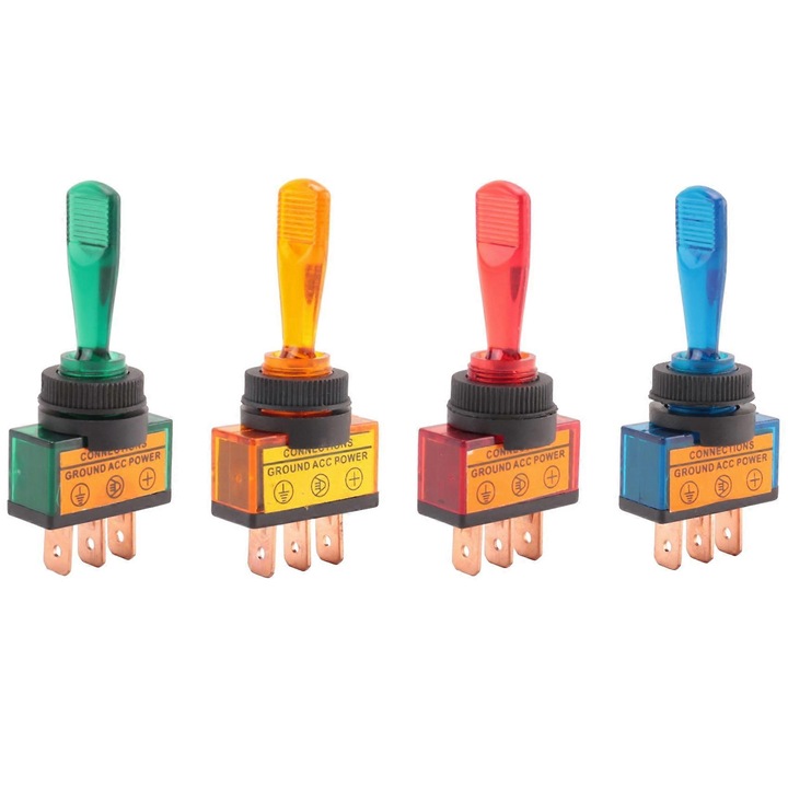 Комплект от 4 светещи многоцветни превключвателя 12V 20A 2.6x1.2x6.2cm
