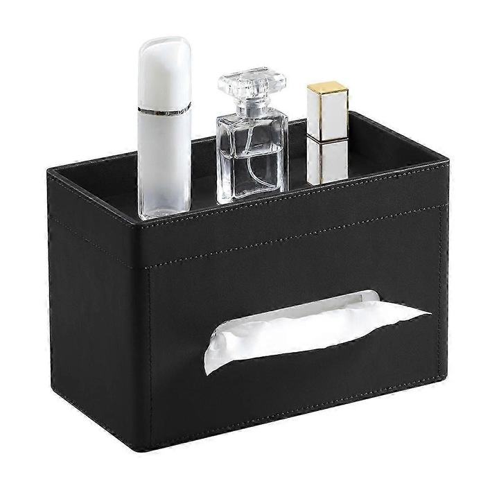 Suport servetele dreptunghiular piele PU negru 23x12x12cm cu tavita depozitare