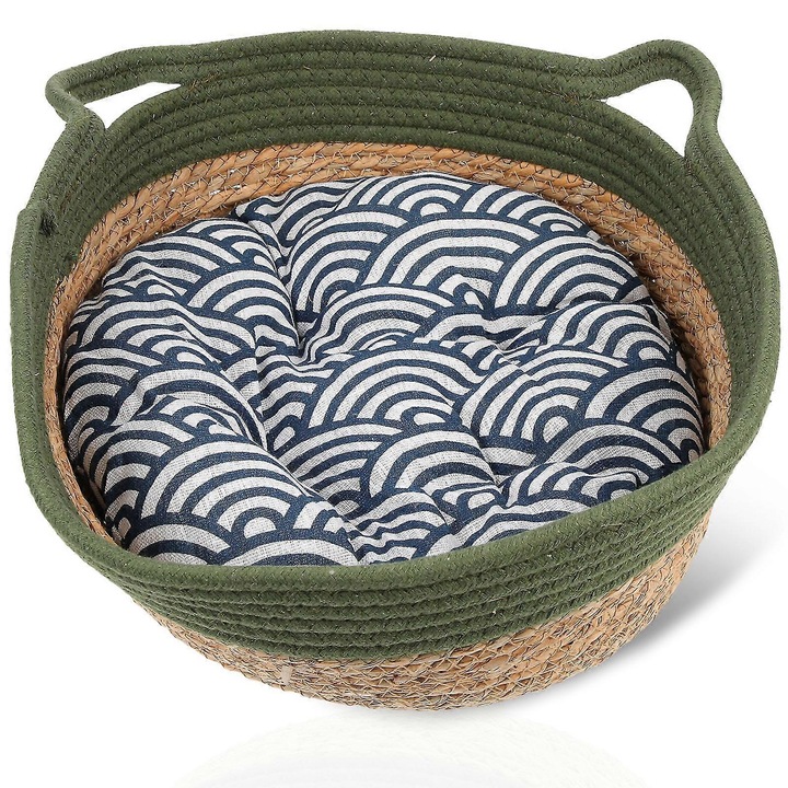Cuib Pisica Set, Material Bumbac si Paie, 35x35x13cm, Multicolor