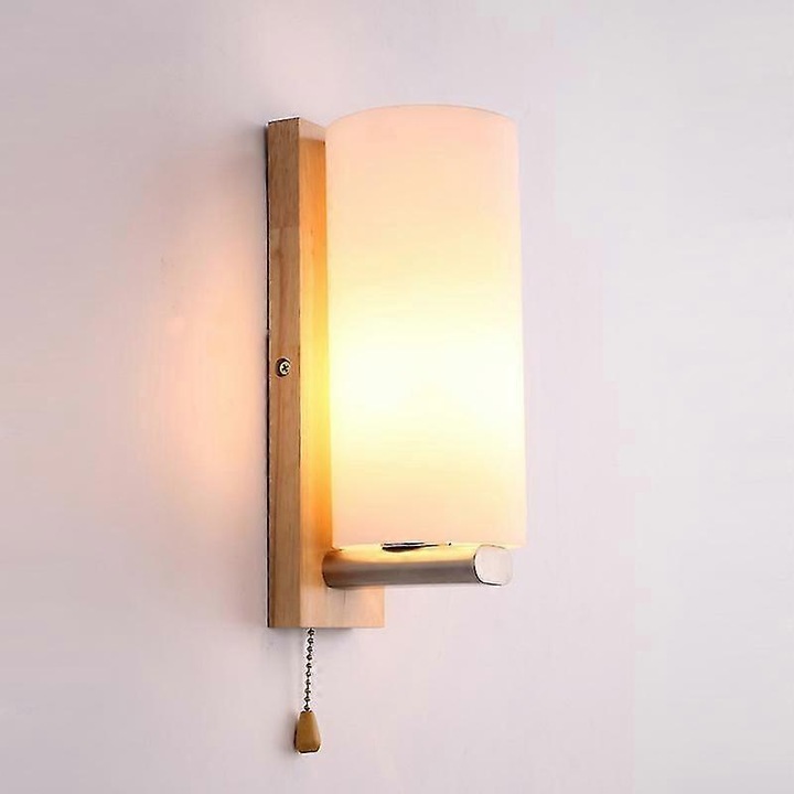 Аплик за стена от дърво с абажур от бяло стъкло, 10-40W, 110x240V