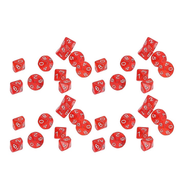 40 db poliéder kocka készlet, 10 oldalú, áttetsző piros műanyag, 2cm