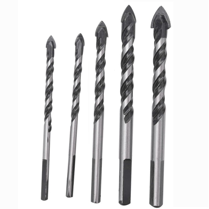 Set 5 burghie tungsten, negru argintiu, 6x8x10x12mm, pentru placi si zidarie