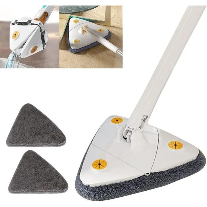 Mop reglabil rotativ 360 grade, microfibra, triunghiular, reutilizabil, alb
