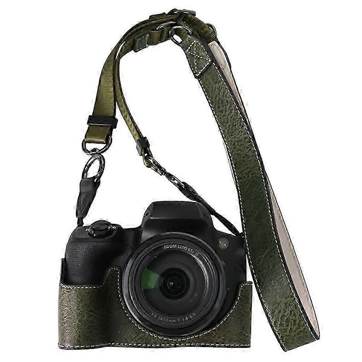 Husa camera PU piele litchi verde Canon SX70 HS cu bretea si deschidere baterie