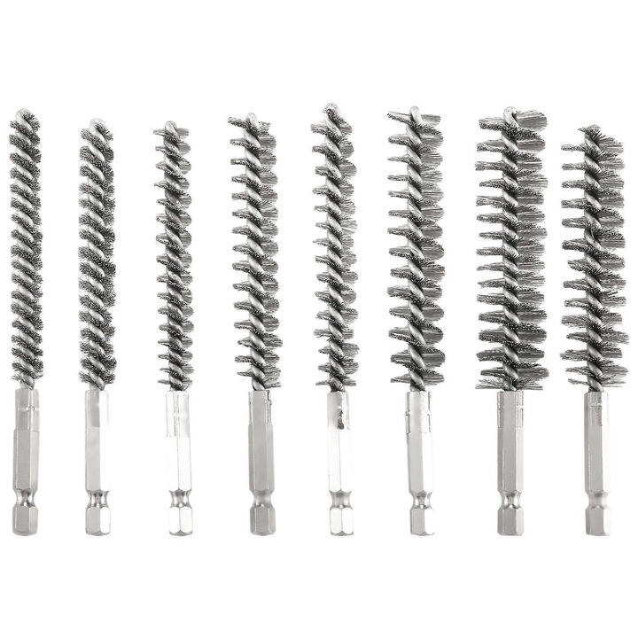 Set 8 perii din otel inoxidabil pentru curatare, 1/4 inch, 8 dimensiuni, argintiu, 11.4x8-19mm