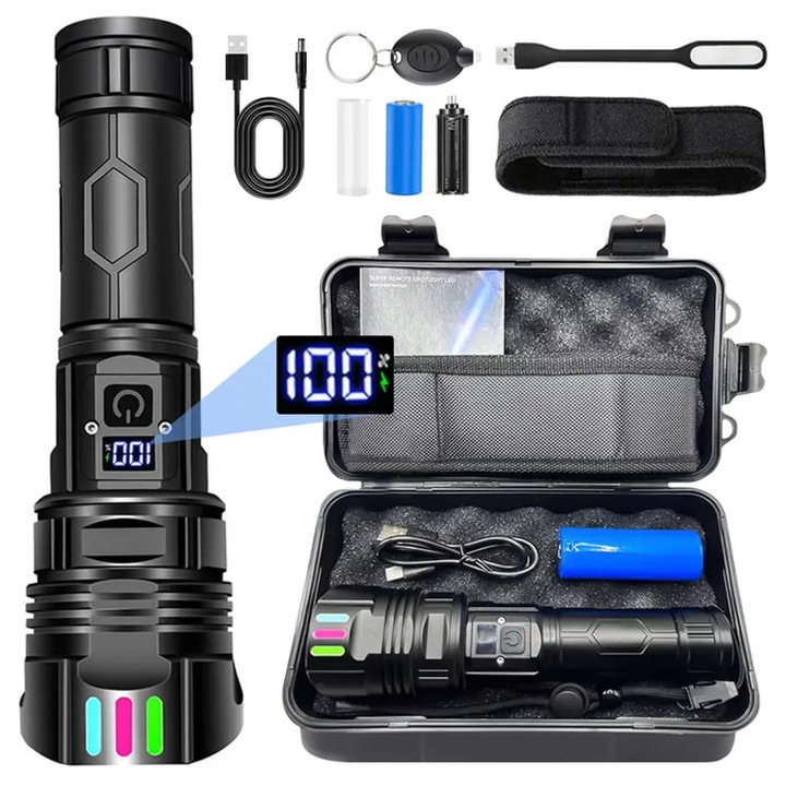 Újratölthető LED lámpa, 120000 lumen, teleszkópos zoom, IP67, 33x50x171mm, 5000mAh