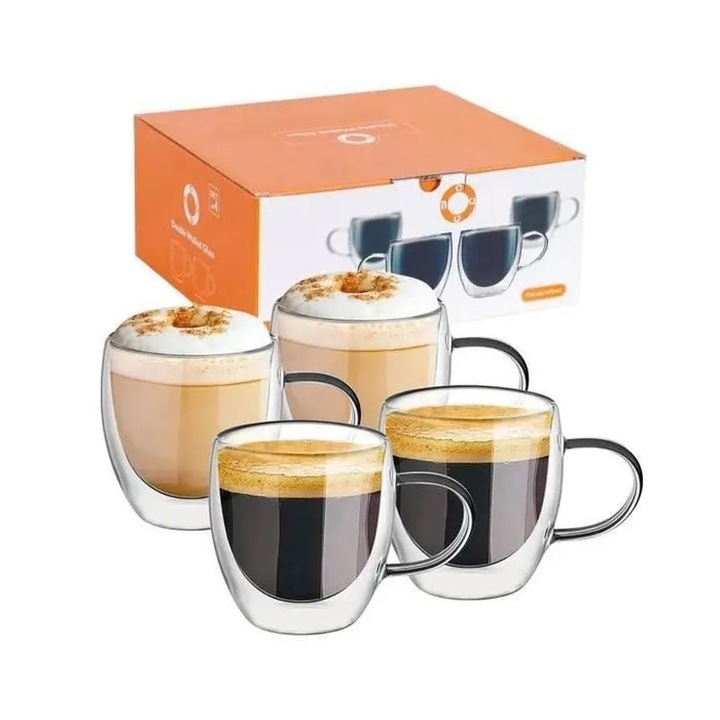 Set 4 cani espresso sticla borosilicata dublu perete 150ml transparent