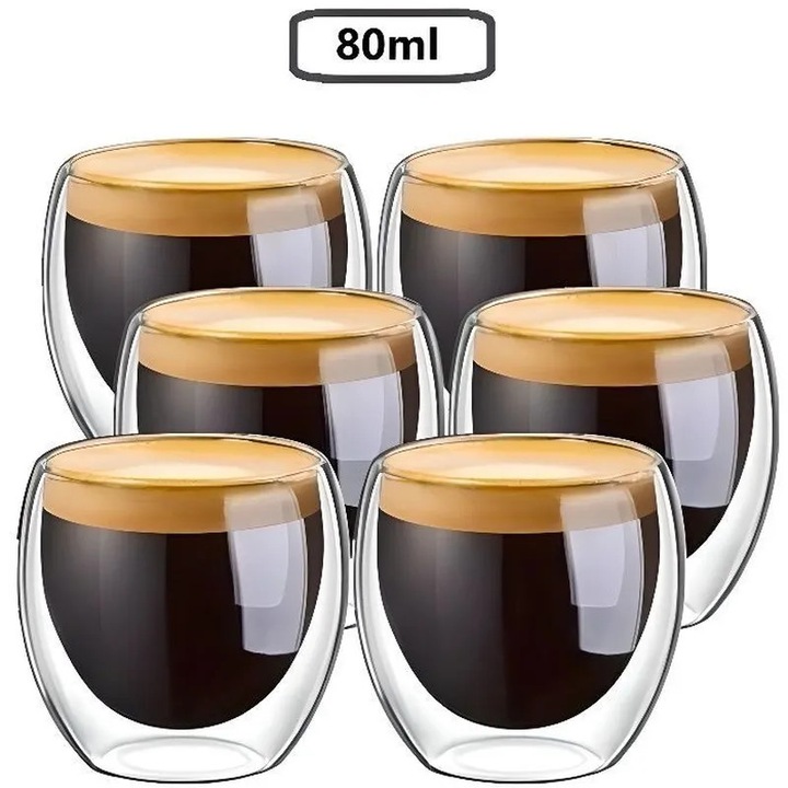 Set 6 cani espresso sticla dubla 80ml transparent alb