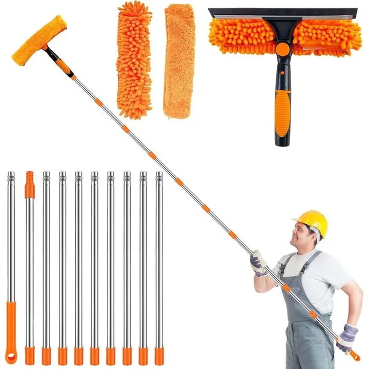 Set curatare geamuri 3in1 telescopic 4.25m, racleta silicon, lavete microfibra, portocaliu