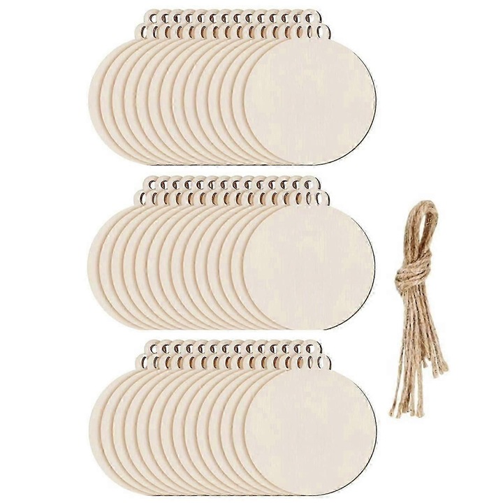 Set 100 globuri lemn rotunde pentru Craciun, 8.5cm, natural, cu snur