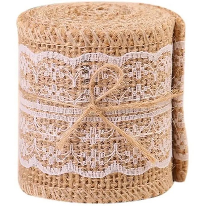 Juta anyagtekercs, 10x6cm, bézs, csipke, esküvői dekoráció