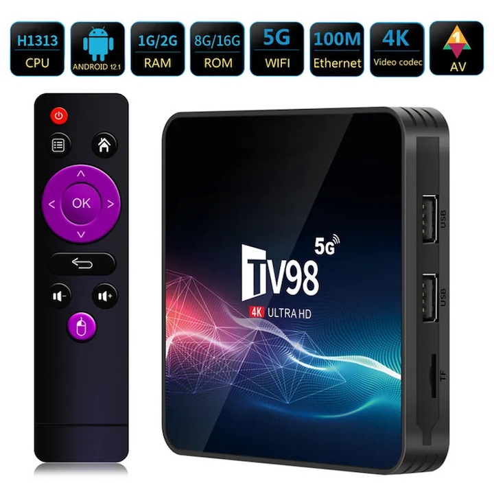 TV Box Android 12.1, 4K, 2+16GB, WiFi dual-band, negru