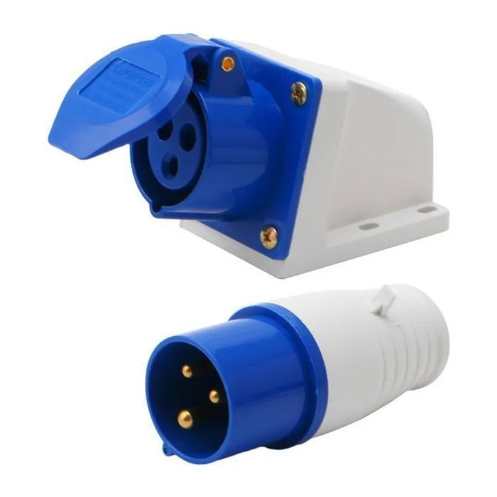 Priza industriala, 16A, 3 poli, etansa, IP44, 220-250V, alb/albastru