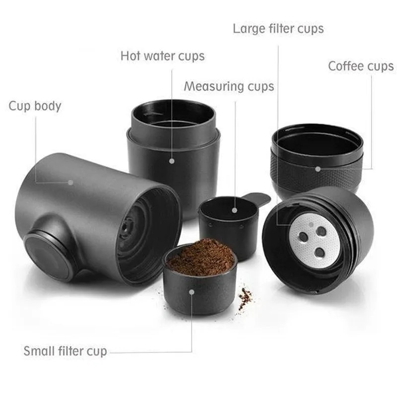 Espressor portabil manual 0807BM-BST4035009, 8 bar, capacitate apa 140 ml, capacitate cafea macinata 10 g, din PP/304 inox si silicon, negru