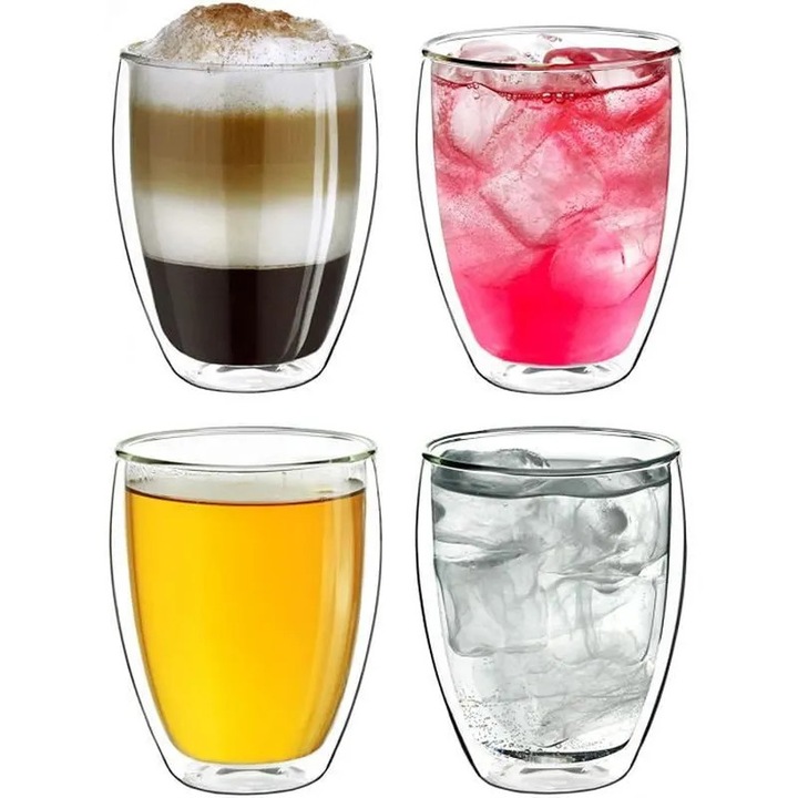 4 db dupla falú termikus pohár szett, boroszilikát, 250ml, átlátszó