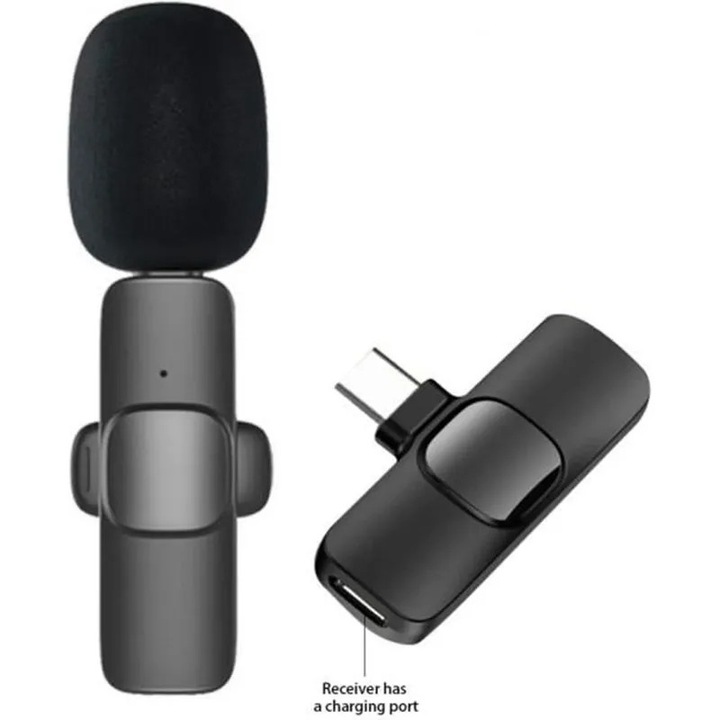 Microfon Lavalier wireless negru autonomie 6h incarcare rapida Type-C