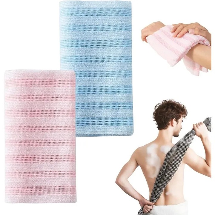 Set 2 manusi de dus exfoliante pliabile, roz si albastru